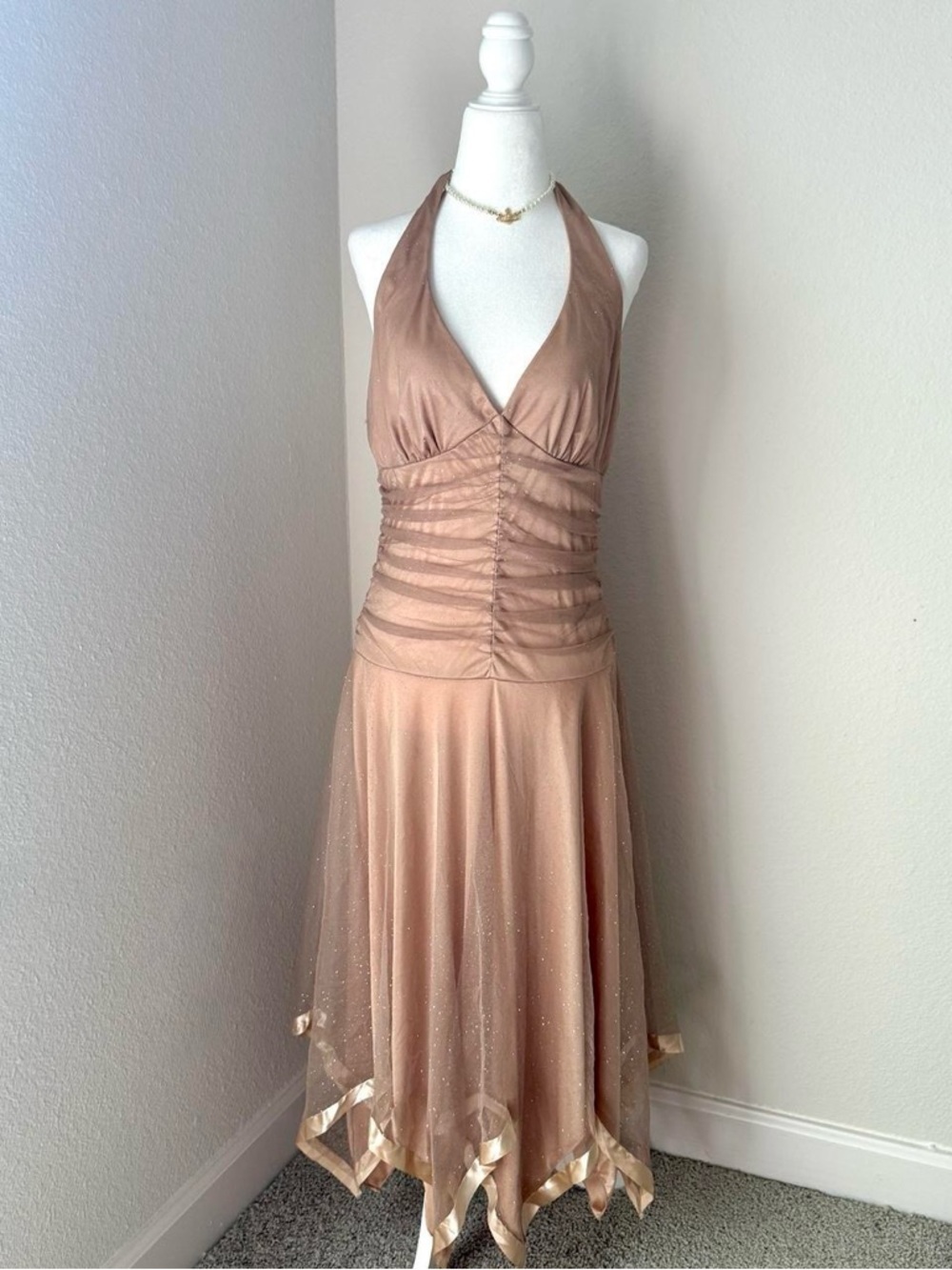 Studio Y Sparkly Y2K 2000s Asymmetrical Halter Dress with Ruched Detail